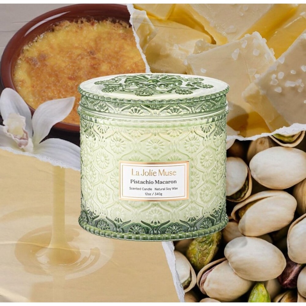 La Jolie Muse Pistachio Macaron Scented Candle‎ 12oz Natural Soy Wax Green Glass